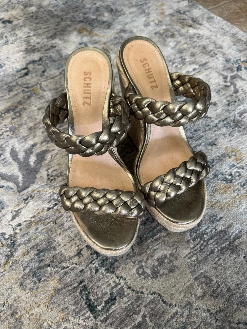 SCHUTZ Metallic Braided Espadrille Wedge Sandals - Gold